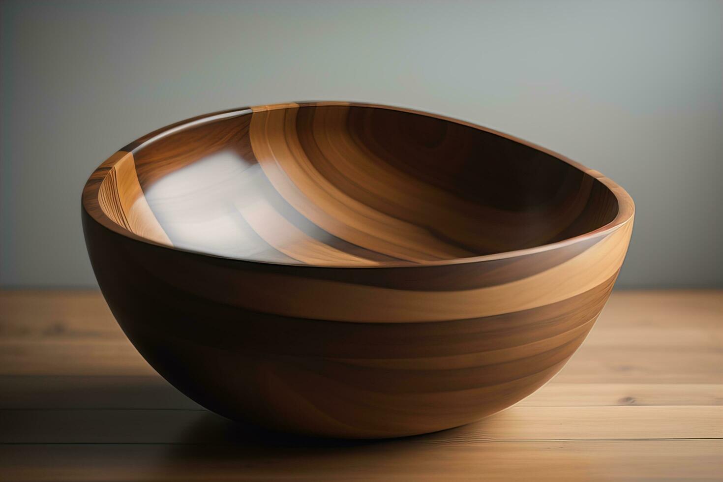 Empty wooden bowl on wooden background. Top view. Copy space. ai generative photo