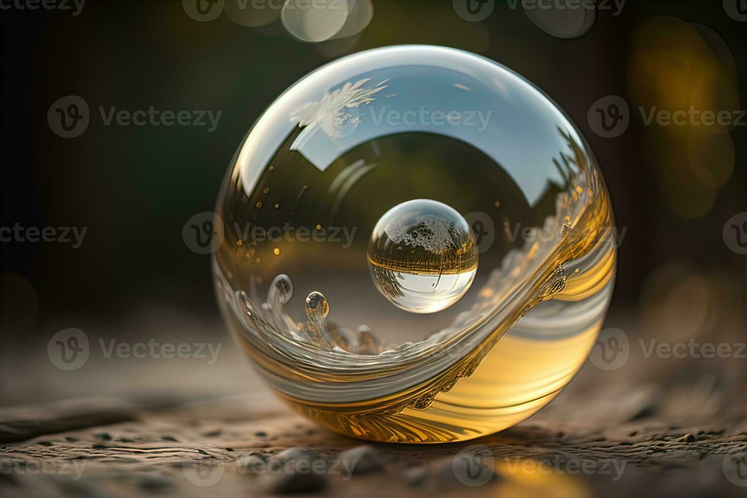 Transparent crystal ball on a wooden table. ai generative photo