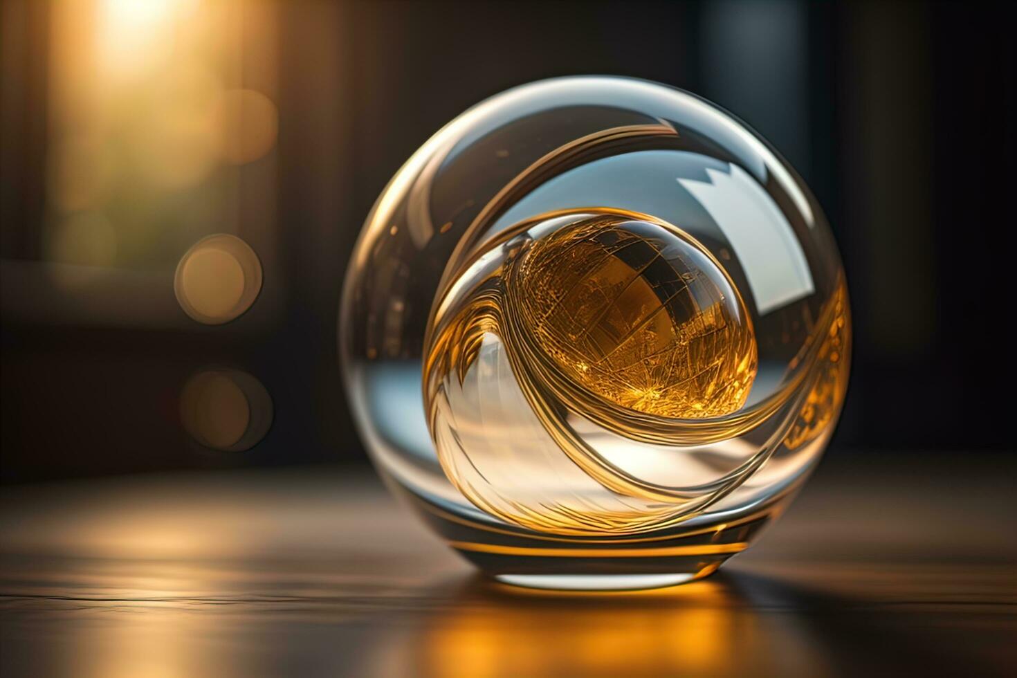 Transparent crystal ball on a wooden table. ai generative photo