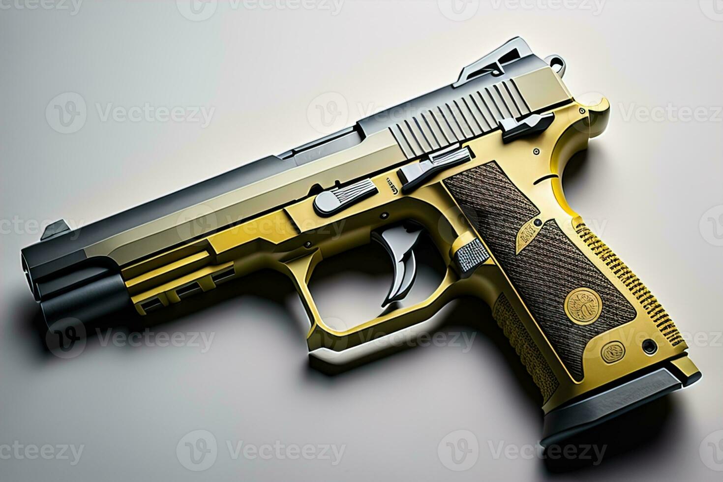 Semi-automatic handgun on a solid color background. Close-up. ai generative photo