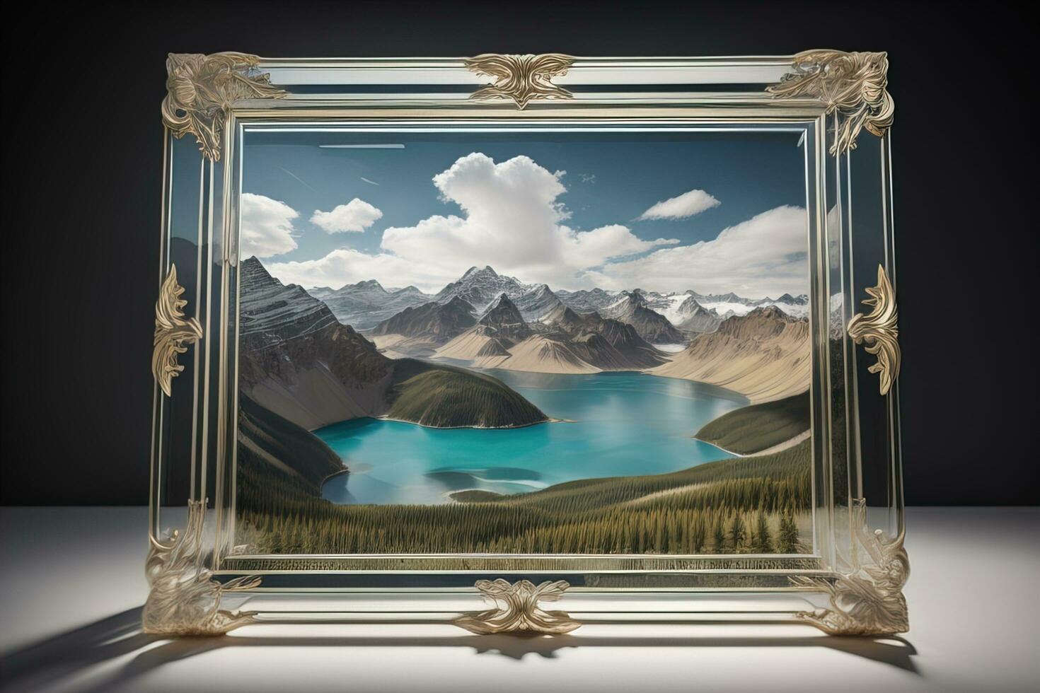 Glass picture frame on a solid color background. ai generative photo