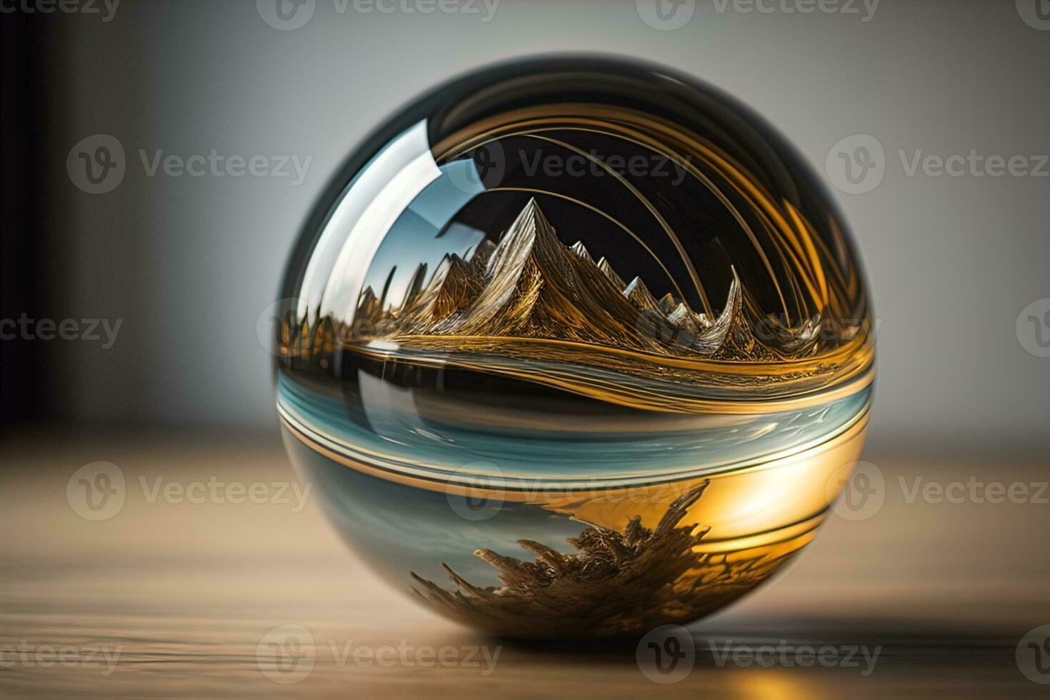 Transparent crystal ball on a wooden table. ai generative photo
