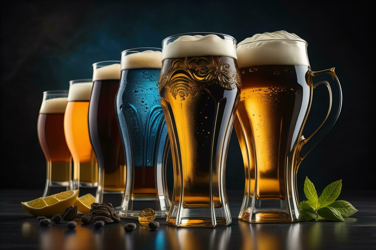 Glasses of different beer on a solid color background. ai generative photo