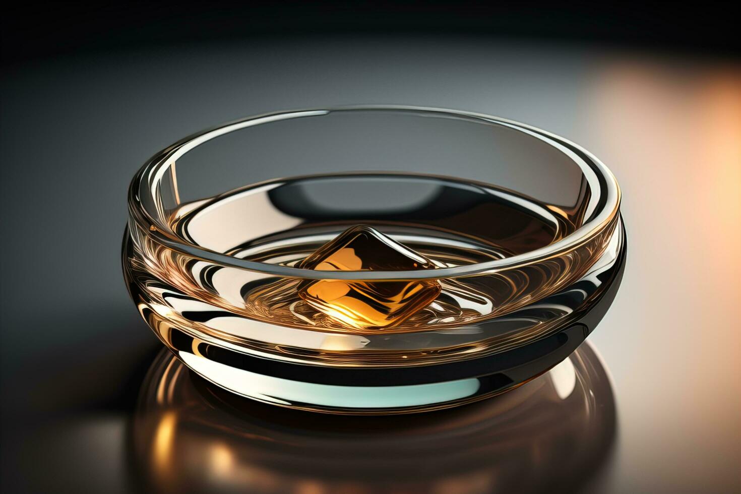 Empty glossy transparent ashtray on a dark background. ai generative photo