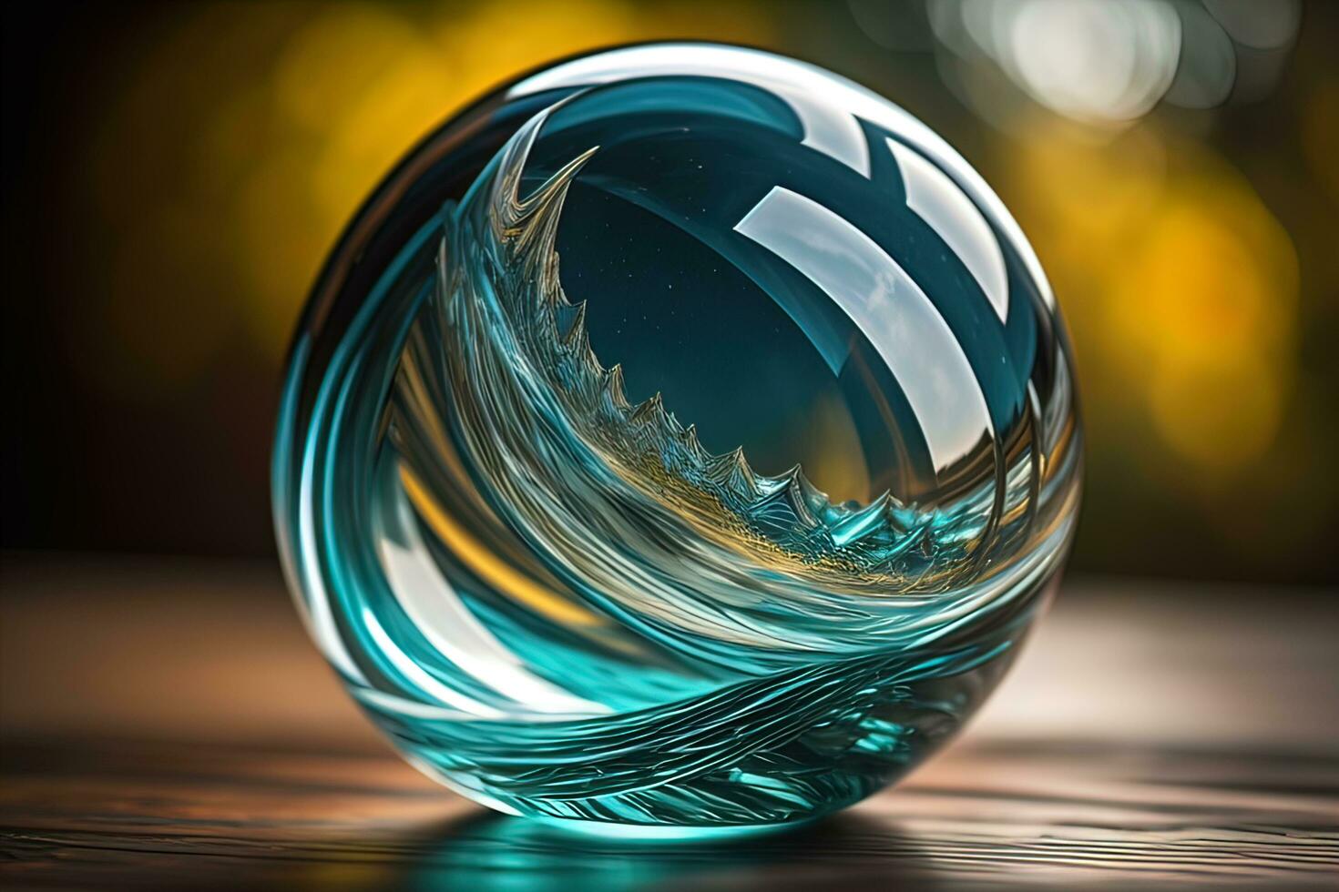 Transparent crystal ball on a wooden table. ai generative photo