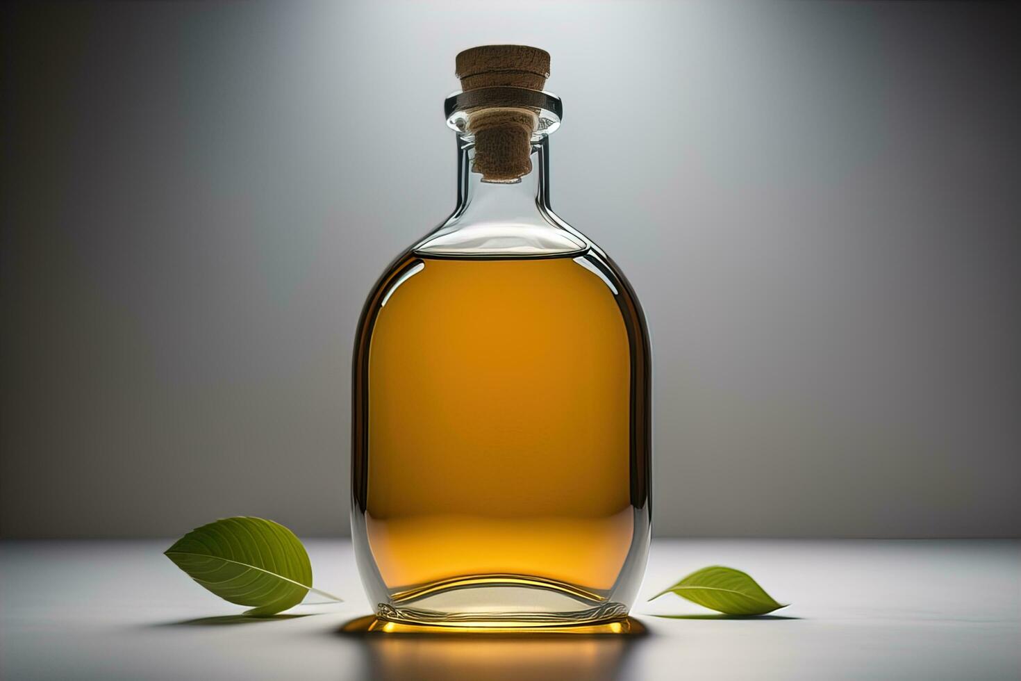 Bottle with a liquid on a solid color background. ai generative photo