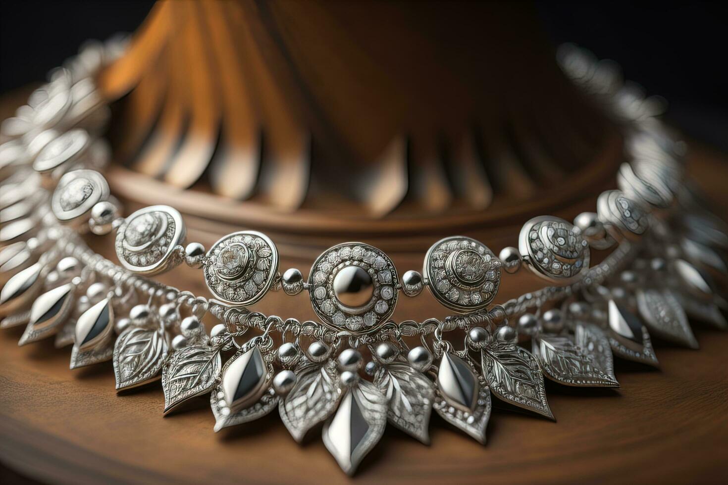 Silver necklace on a solid color background in close-up. ai generative photo