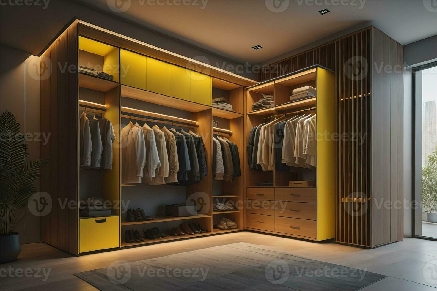 Wardrobe with clothes in the room. Toned image. ai generative photo
