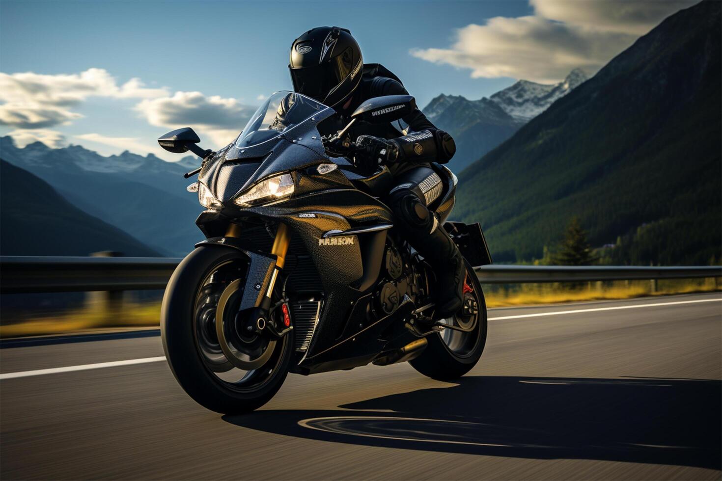 Motorcycle driver on an Alpine freeway photo