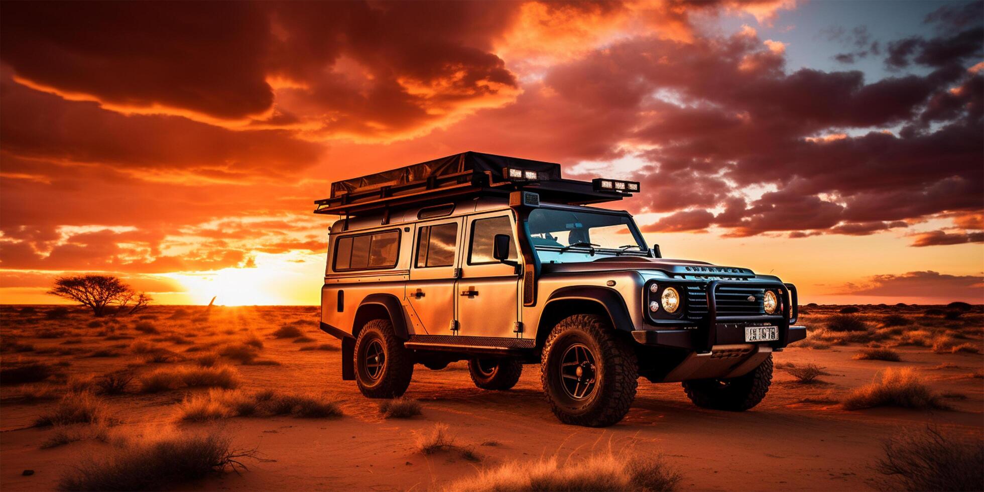 African safari vehicle stops in desert for dramatic sunset. photo