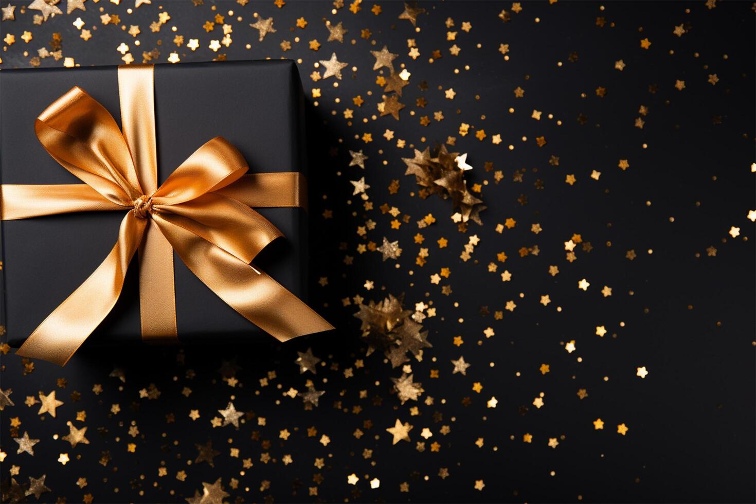 Shiny gift box with golden bow on black background. Space for text. photo