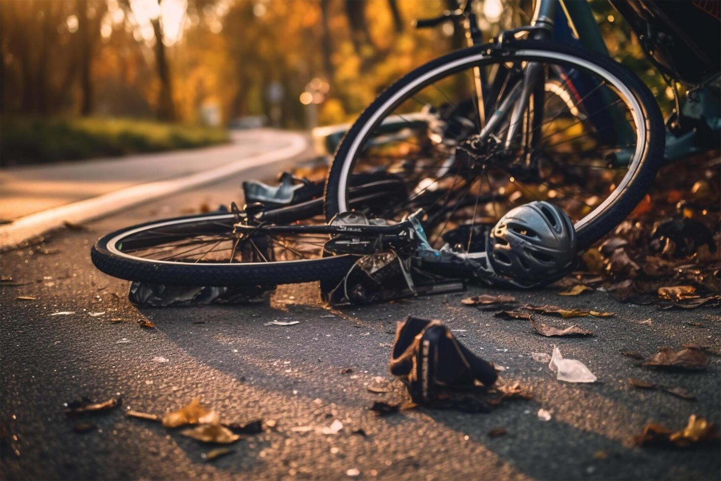 AI Generated Bicycle crash road accident with broken bike and helmet. photo