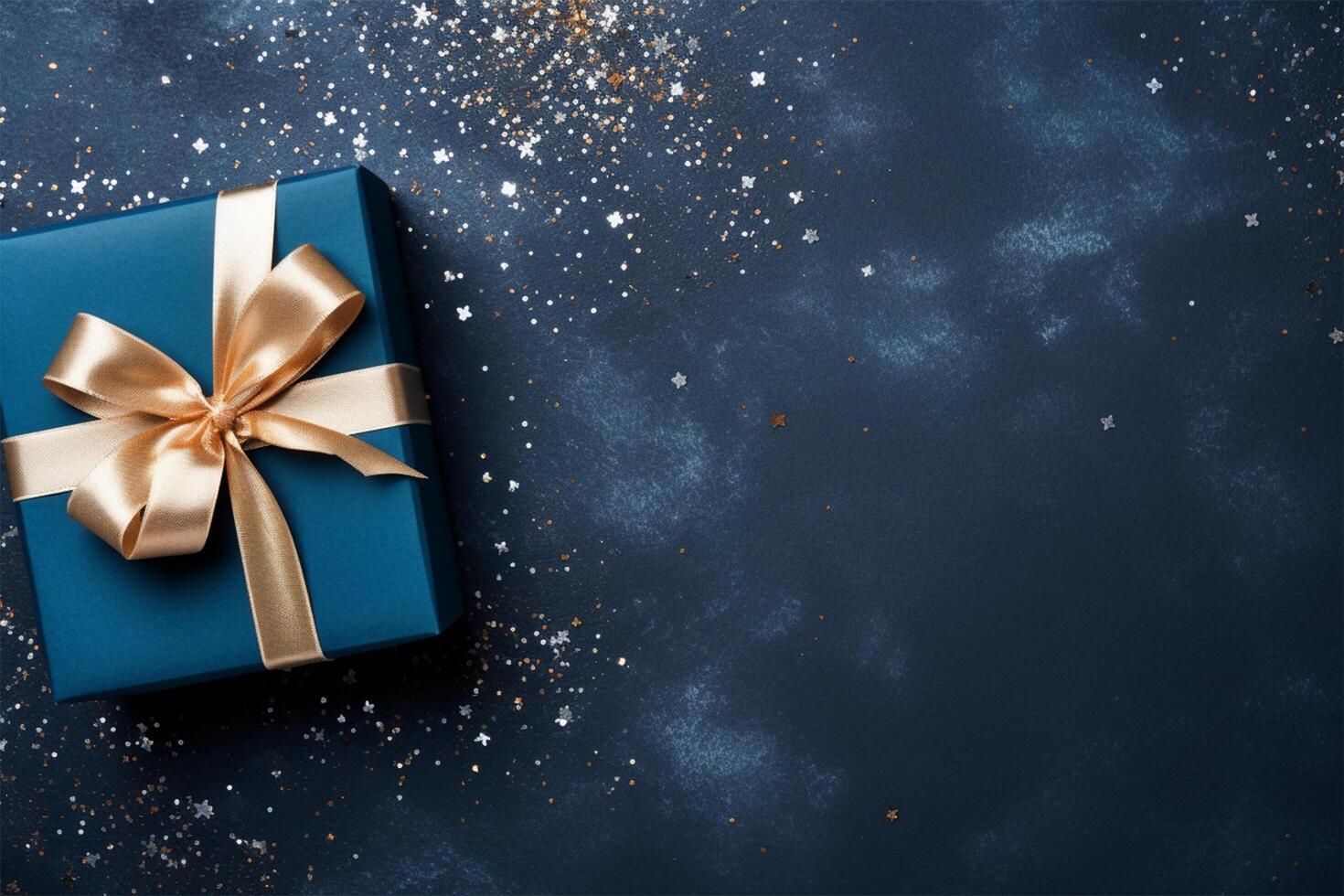 Elegant blue present box with golden bow on a dark blue background, copy space. Gift box, top view. photo