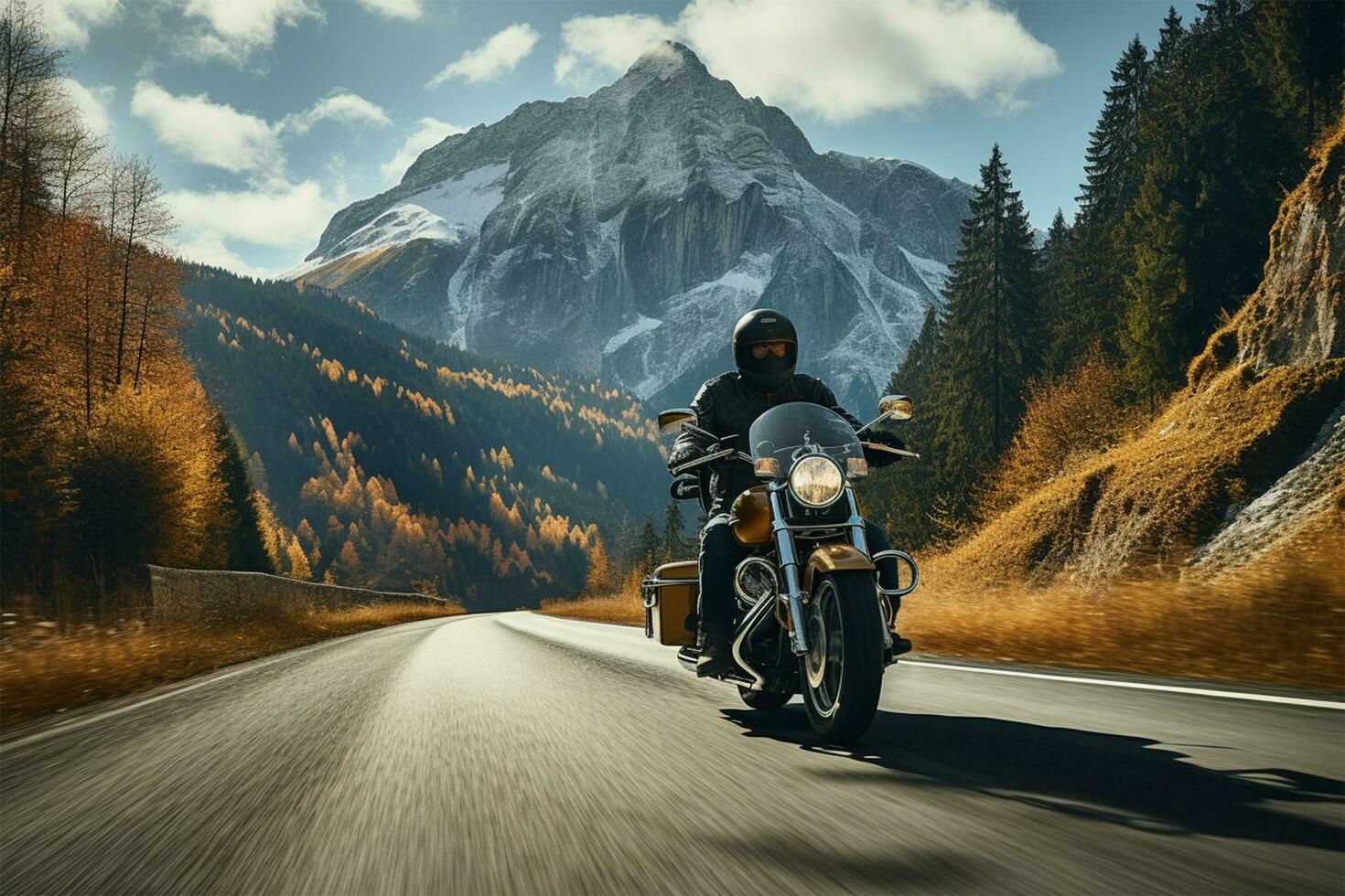 motocicleta conductor en un alpino autopista ai generado foto
