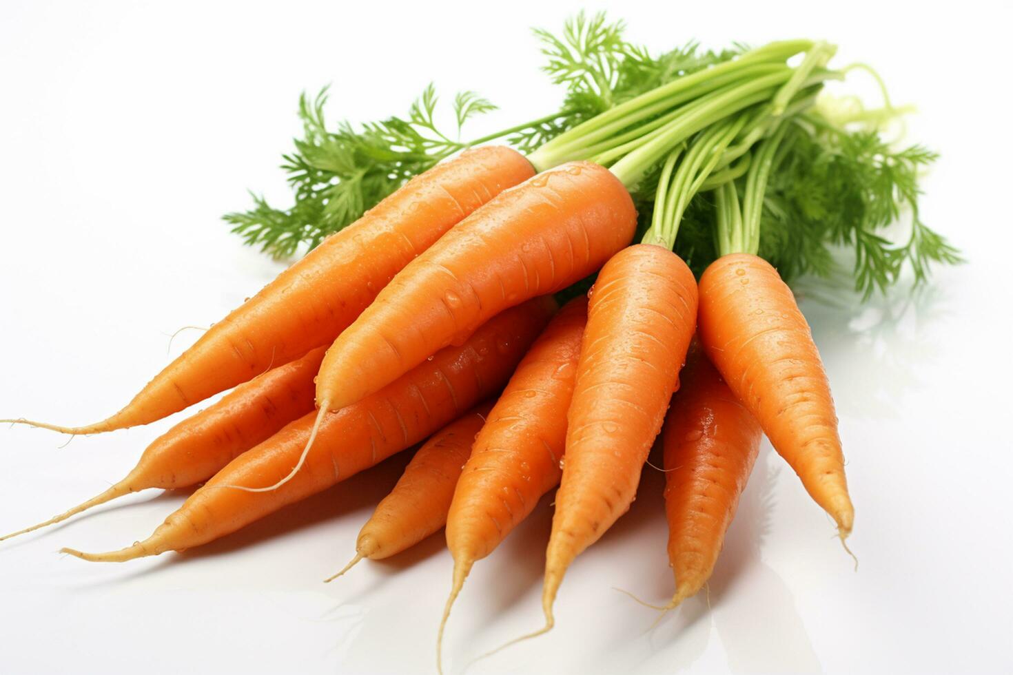 AI Generated Ripe fresh carrots with drops of water on a white background photo