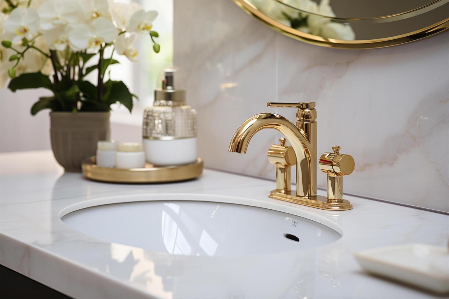 A beautiful sink with water turned on with a golden faucet AI Generated photo