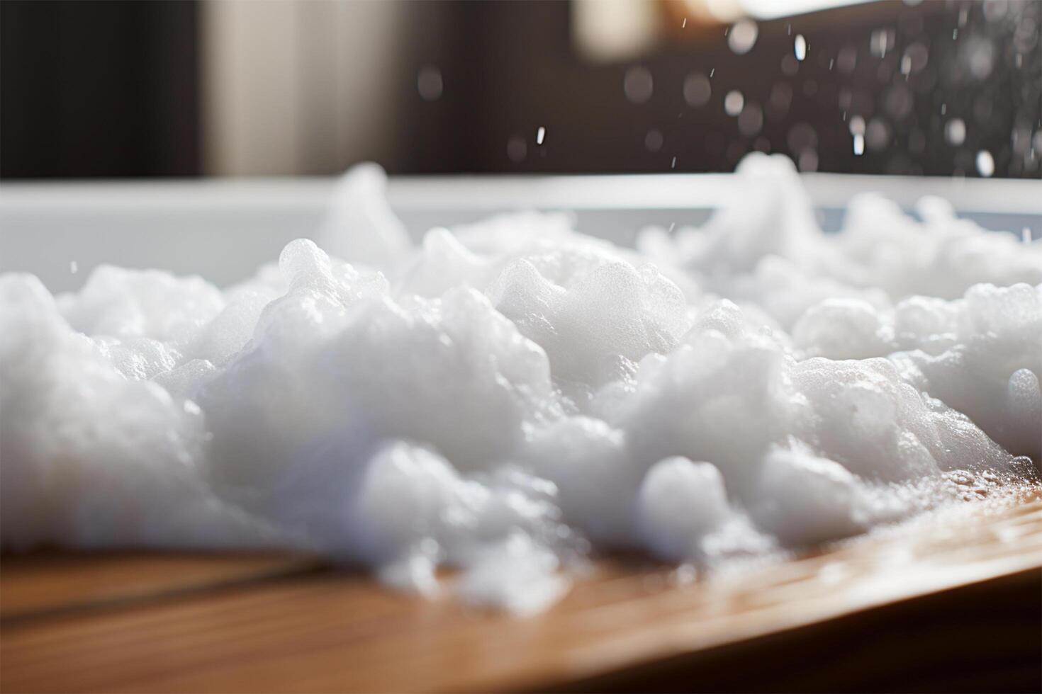 Bathtub filled with foam on top of a wooden floor AI Generative photo