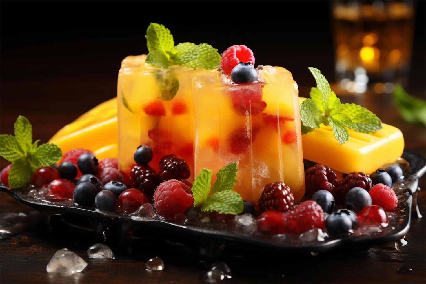 Mango banana popsicles on ice with fresh fruits and berries photo