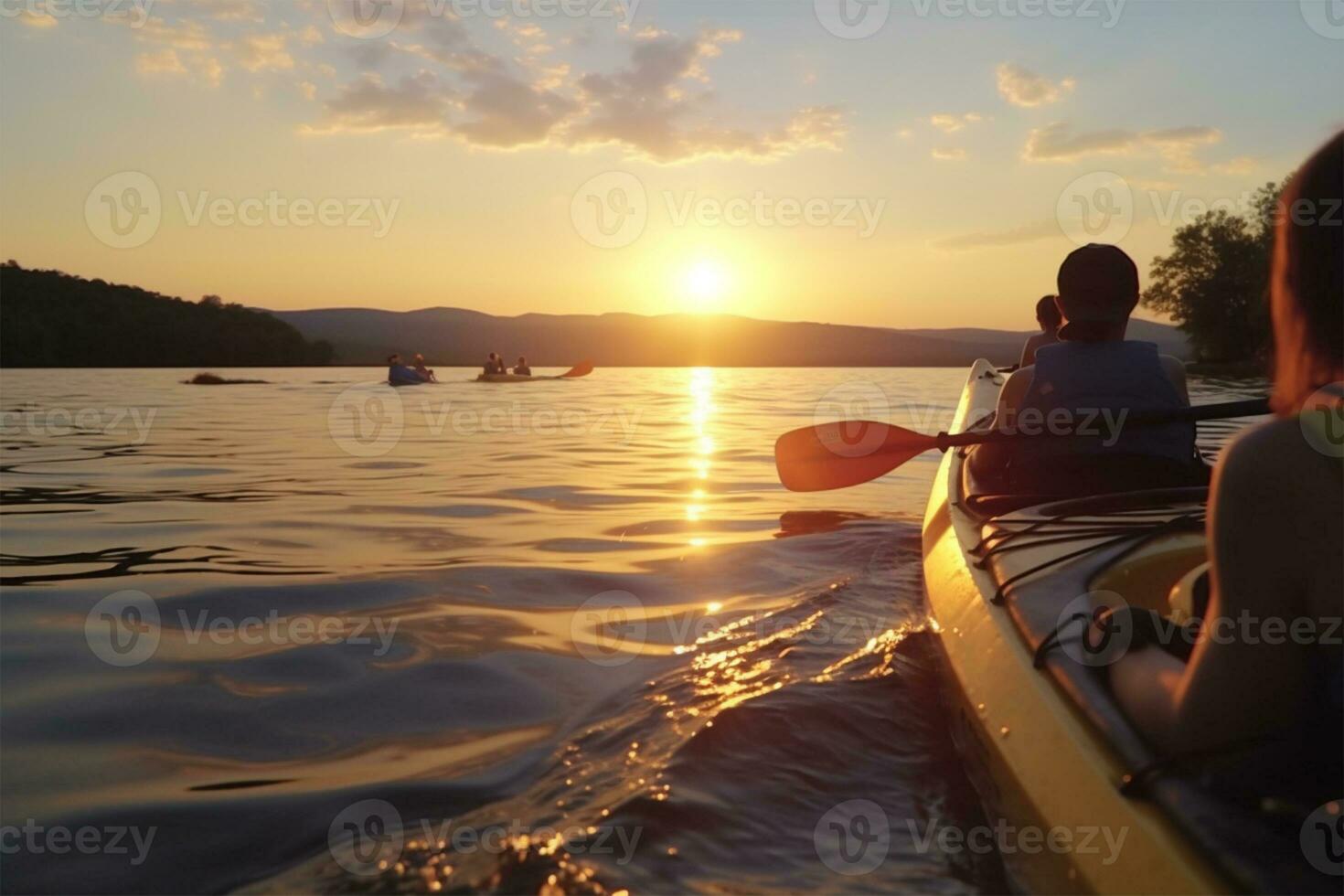 Kayak, lake and people rowing a boat on summer for recreation or leisure at sunset. Nature, view and horizon with people canoeing for adventure, freedom or travel while on vacation Ai Generated photo