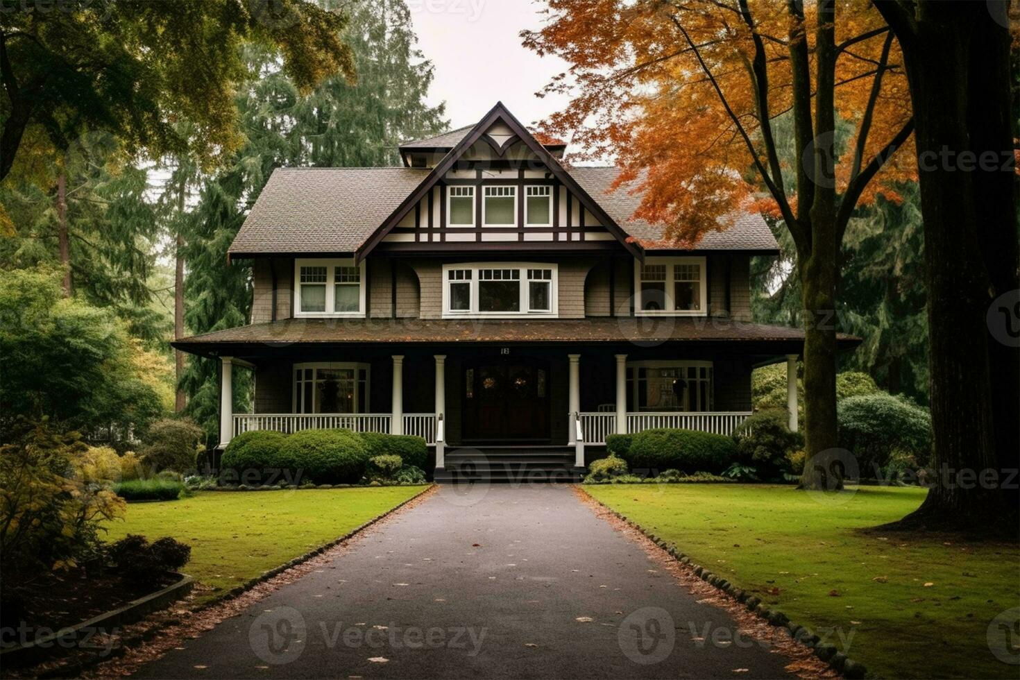 lujo casa con veranda, grande árbol y bonito paisaje ai generado foto