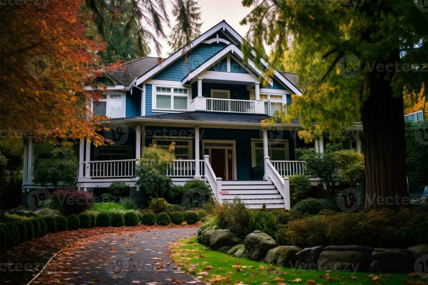 Luxury house with veranda, big tree and nice landscape Ai Generated photo