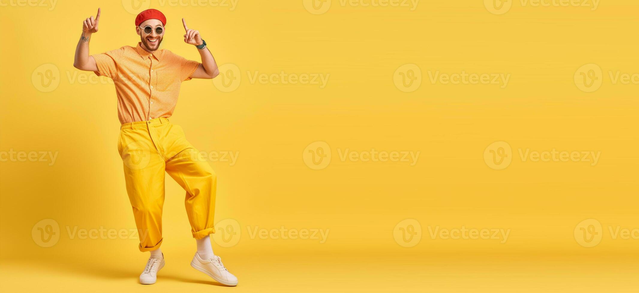 Funky guy dance summer vacation active person wear shirt pants shoes sun specs isolated yellow color backgroundtext copyspace banner background Ai Generated photo