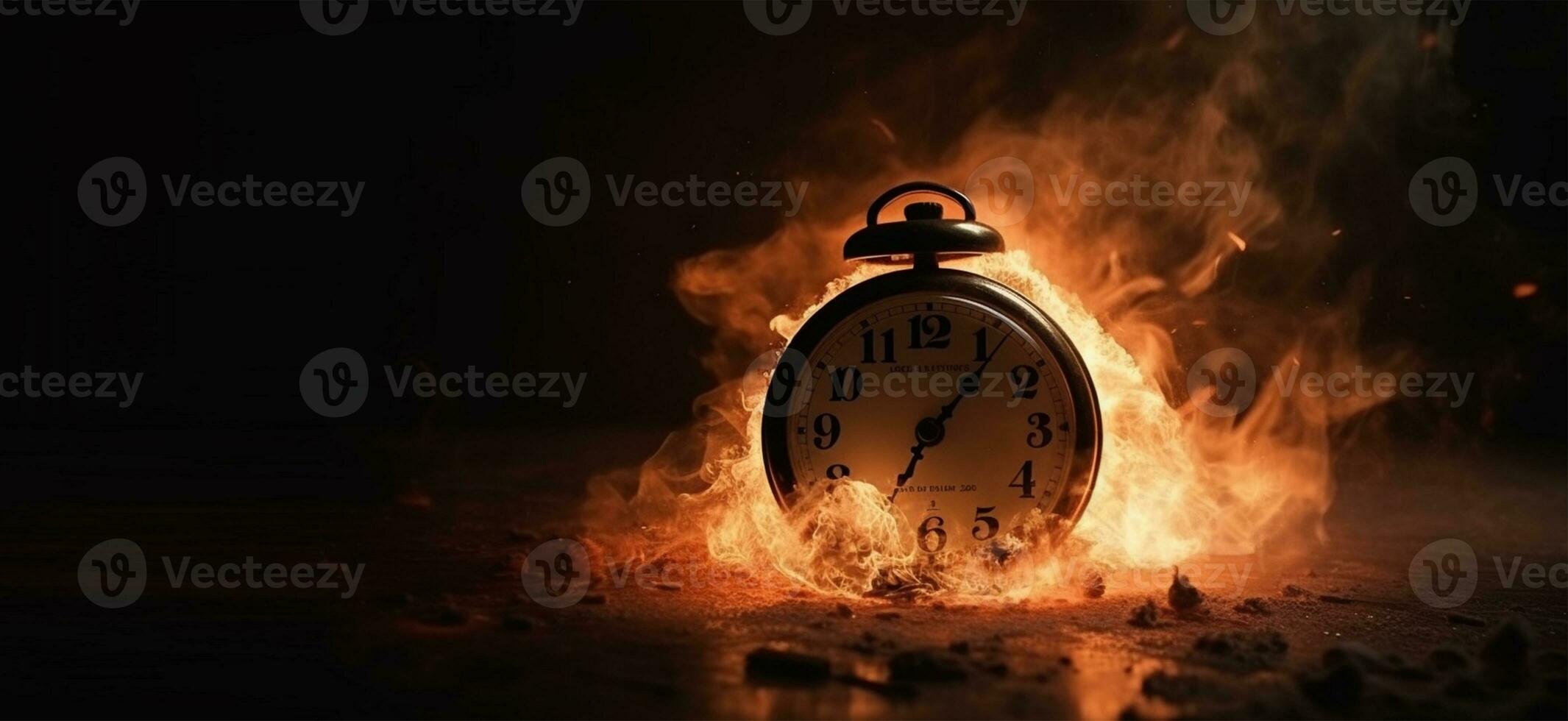 Clock on fire, clock face consumed as time burns away text copyspace banner background Ai Generated photo