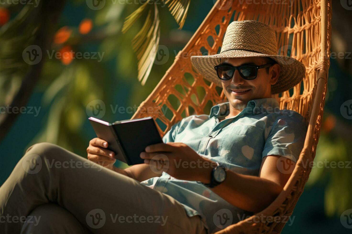Lazy time. Man in hat in a hammock AI Generated photo