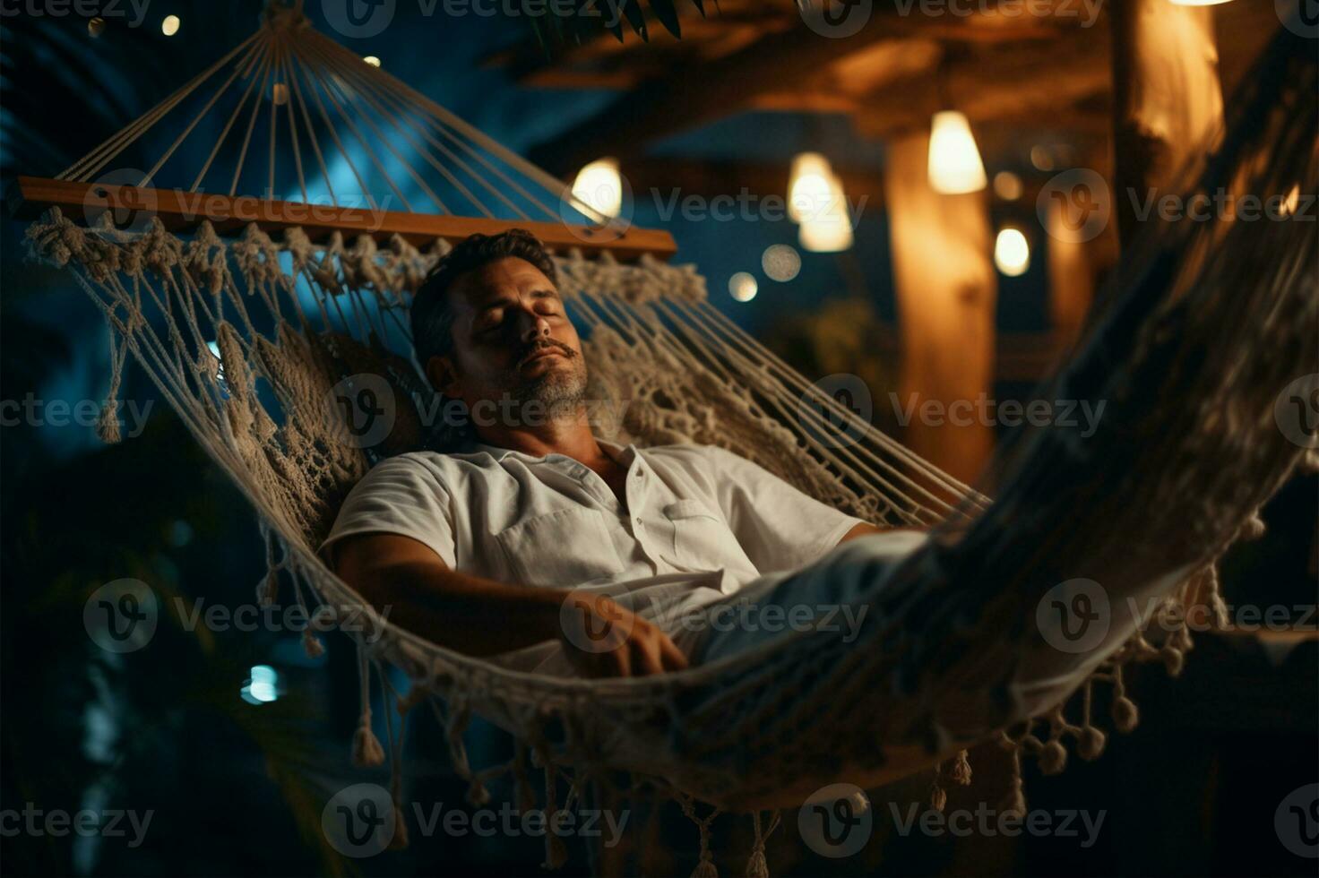 Man lying in hammock on the beach, in the style of soft and dreamy depictions AI Generated photo