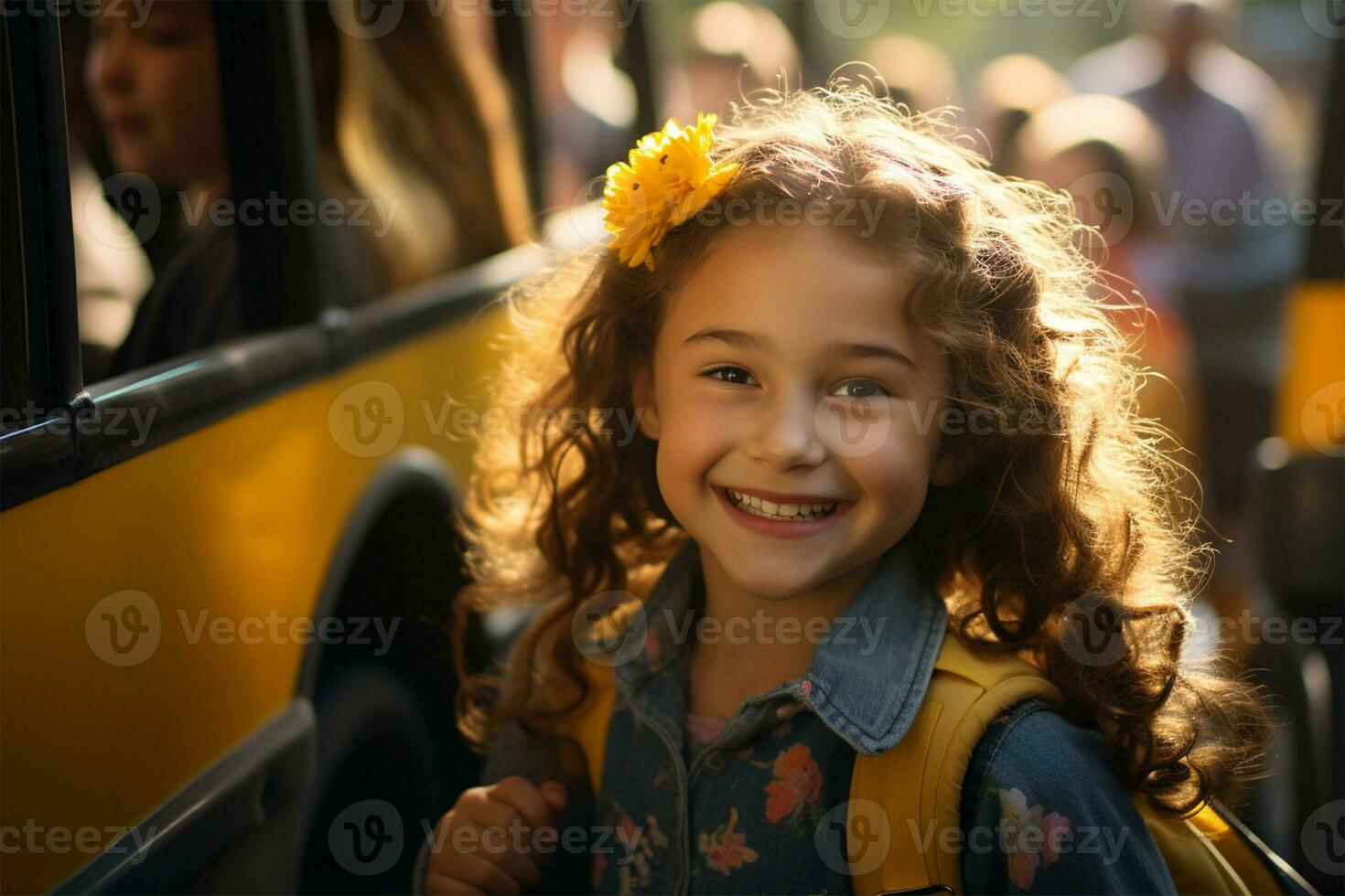 Portrait of a smiling little girl in a yellow backpack on the background of the bus AI Generated photo