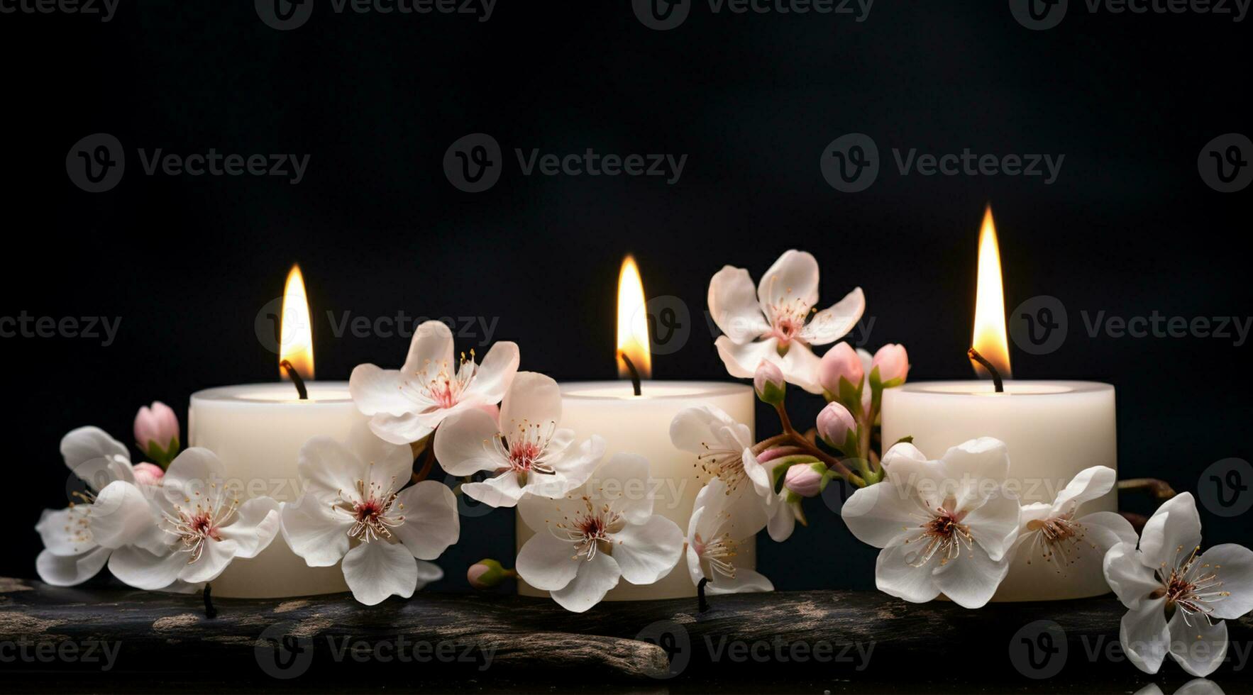 Bouquet of white magnolia flowers with burning candle on black background AI Generated photo