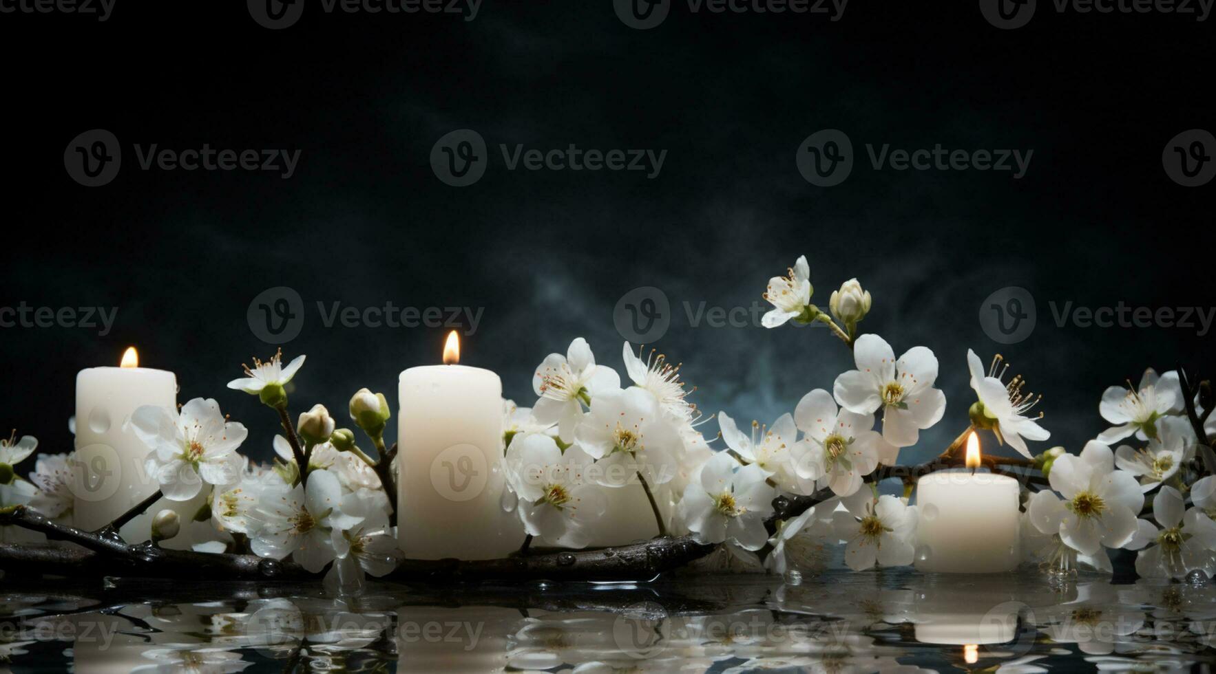 Bouquet of white magnolia flowers with burning candle on black background AI Generated photo