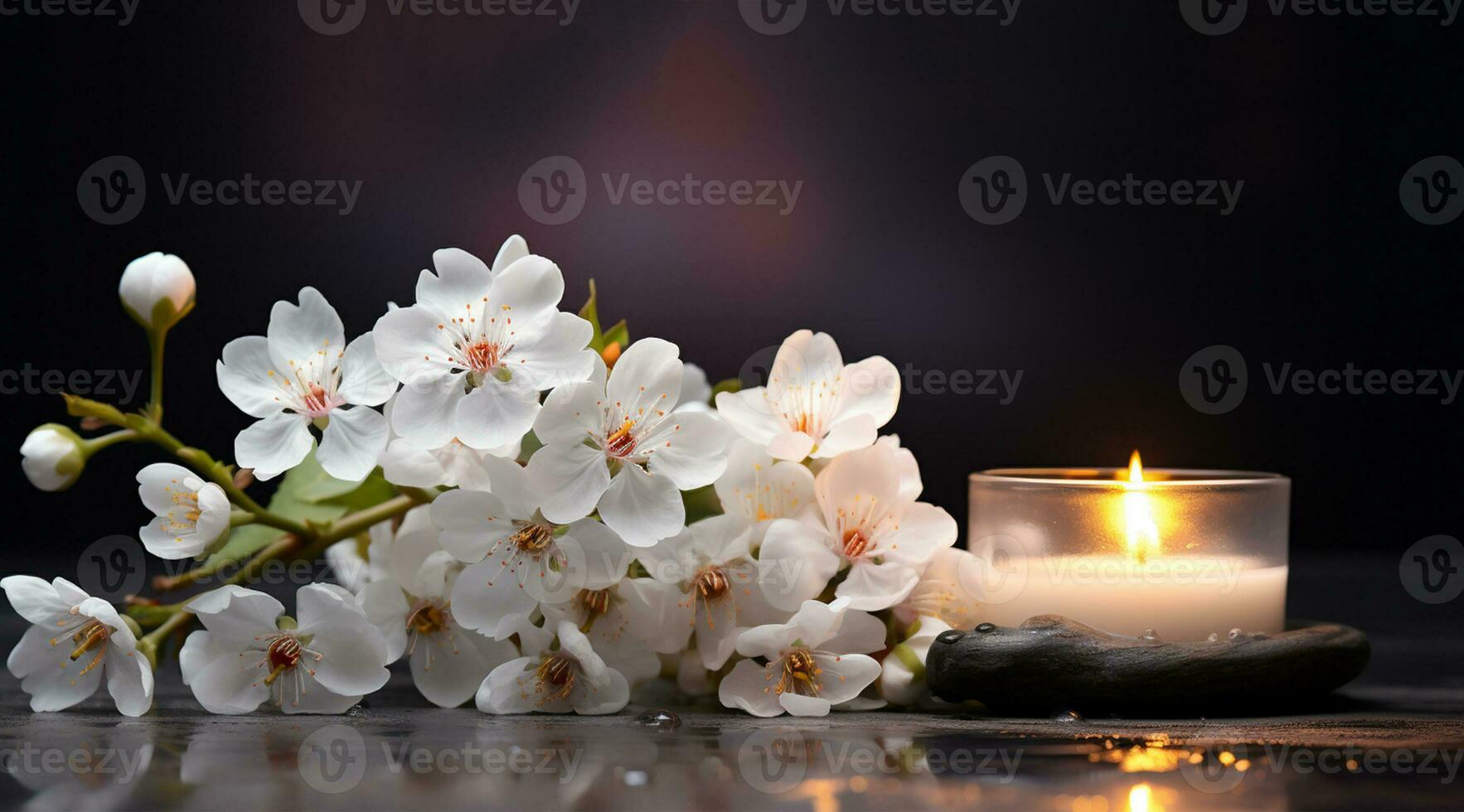 Bouquet of white magnolia flowers with burning candle on black background AI Generated photo