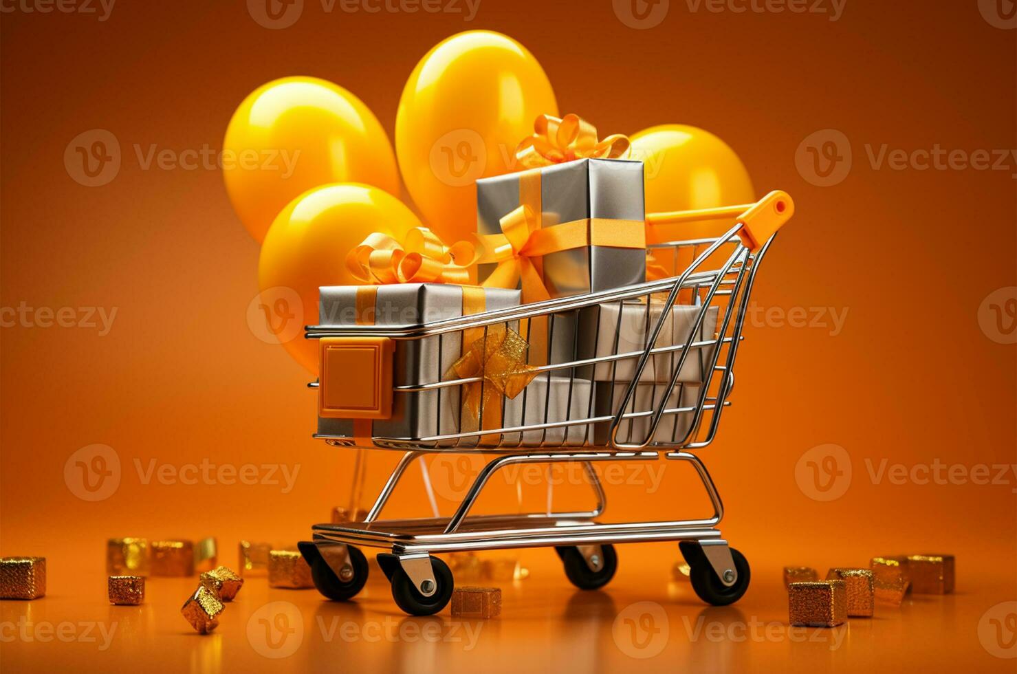 Shopping cart with gift boxes and balls on yellow background. Christmas shopping concept AI Generated photo