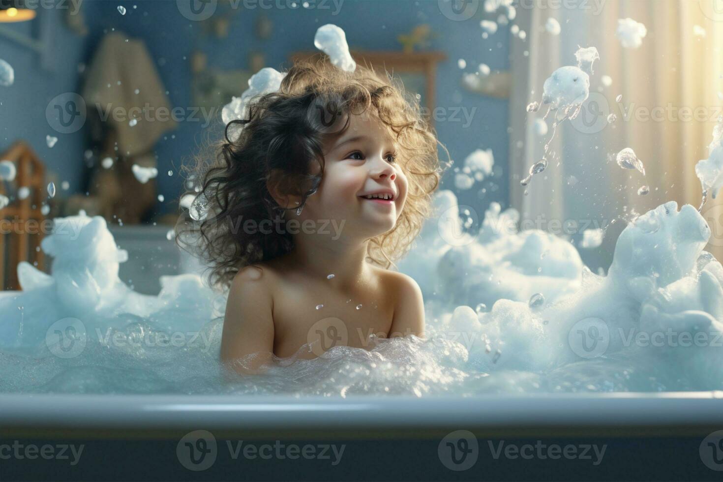 Beautiful little girl bathes in a bath with foam and bubbles AI Generated photo