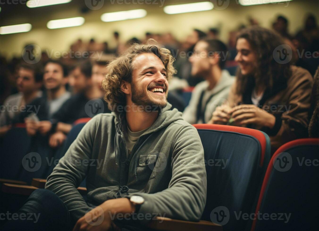 Portrait of a smiling young man sitting in a lecture hall AI Generated photo