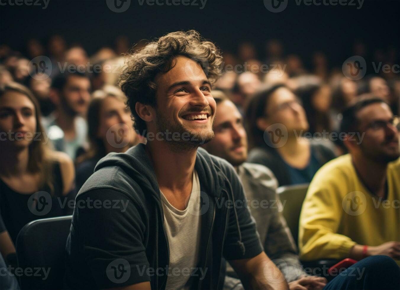 Portrait of a smiling young man sitting in a lecture hall AI Generated photo