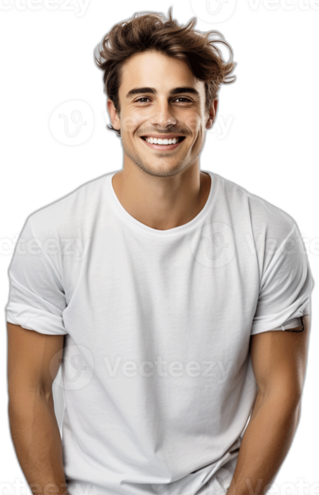 glimlachen jong Mens in wit t-shirt op zoek Bij camera ai gegenereerd png