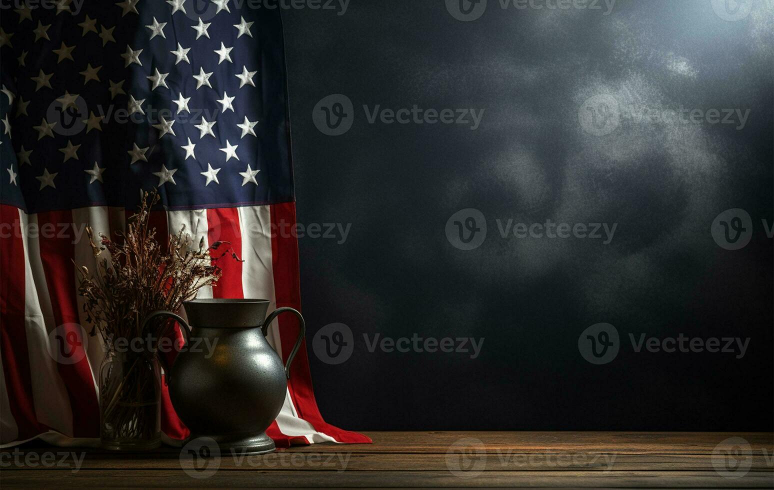 American flag on wooden table against dark grey background AI Generated photo