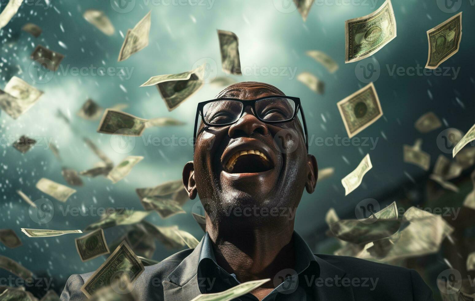Portrait of a happy African American man with money flying in the air AI Generated photo