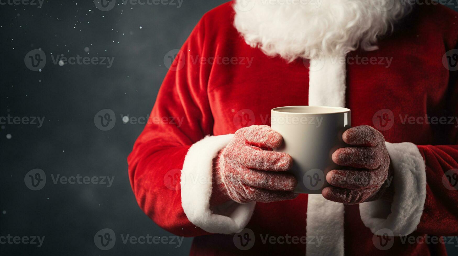 Santa Claus holding a cup of hot drink in his hands on dark background AI Generated photo