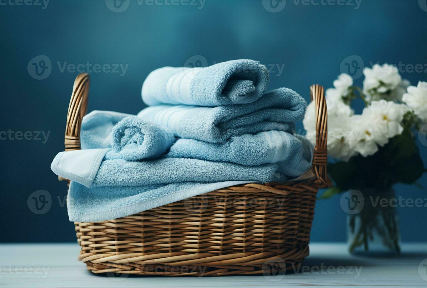 White clean towels on wooden table in bathroom, gnerative ai 23314078 Stock  Photo at Vecteezy