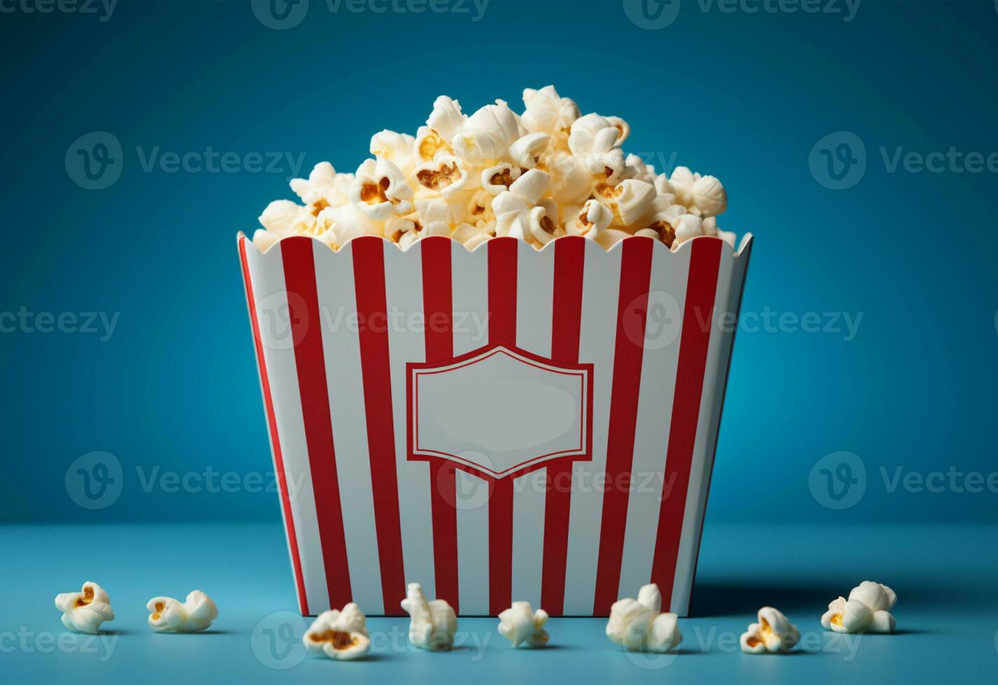 Popcorn with red striped box on blue sky background AI Generated photo