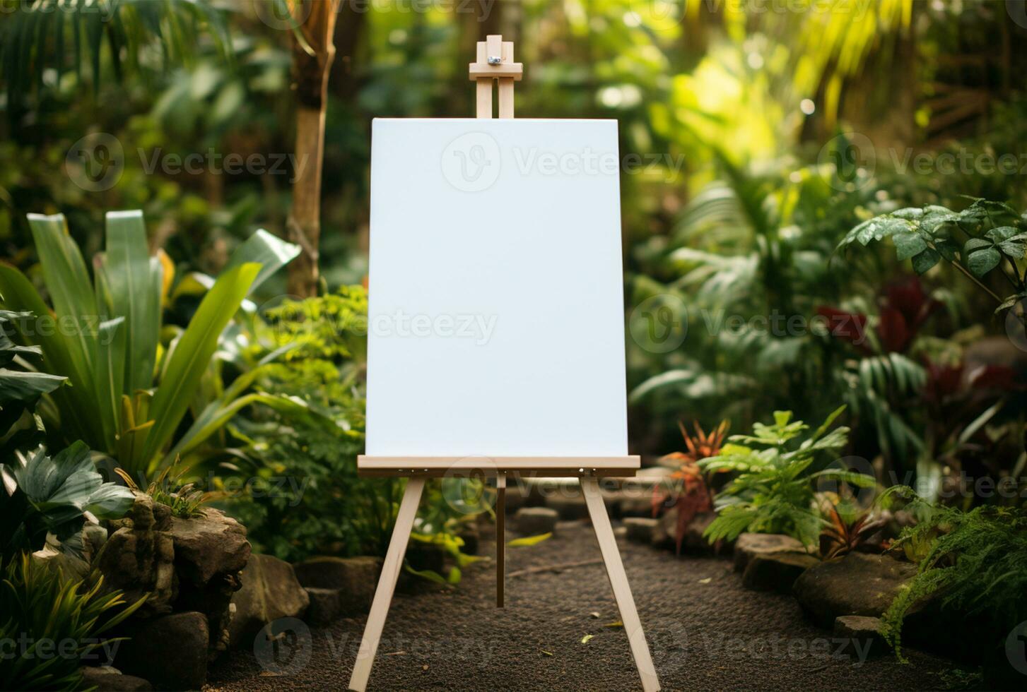 Easel with blank canvas on white wall background. Mockup AI Generated photo