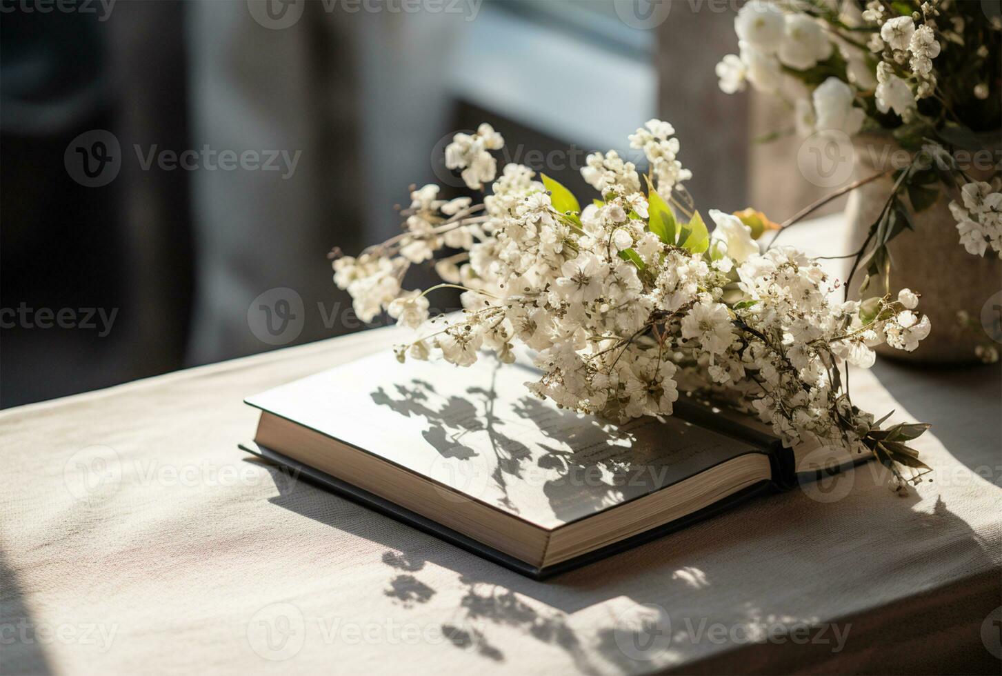 Open book with bouquet of flowers on wooden table, closeup AI Generated photo