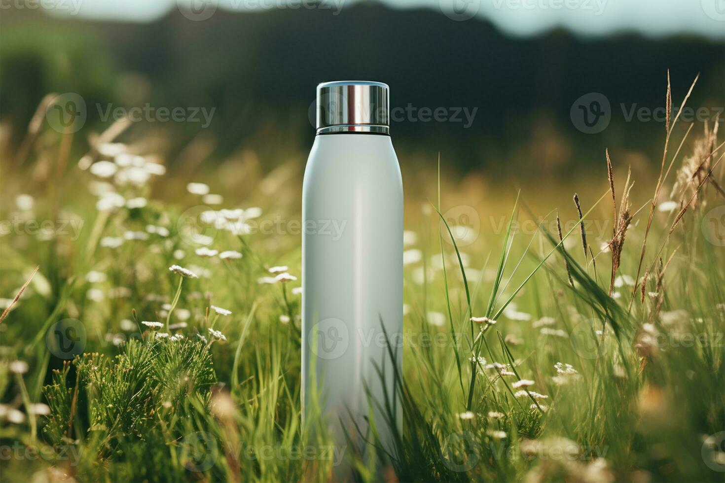 White plastic bottle on green grass in sunny day. Mockup for design AI Generated photo