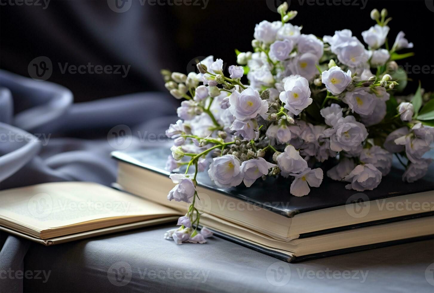 Open book with bouquet of flowers on wooden table, closeup AI Generated photo