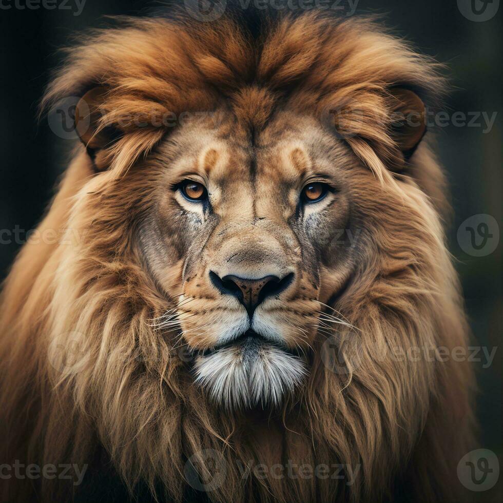 Close-up shot of the head of a majestic lion looking directly at the camera photo