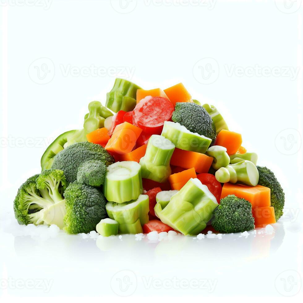 Frozen vegetables on white background table photo