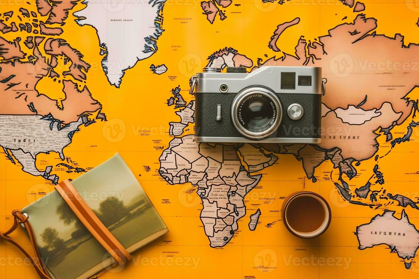 Flat photography of travel concept over world map photo